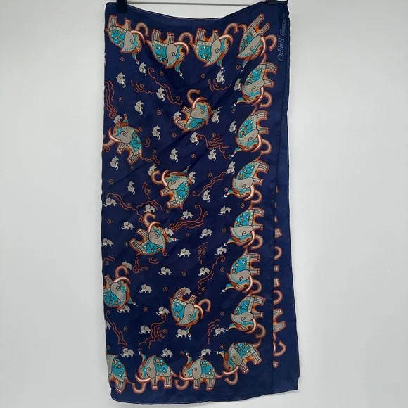 Vtg Odile St Germain Silk Scarf Navy Blue Elephant Print Designer Square 30" - Picture 2 of 3